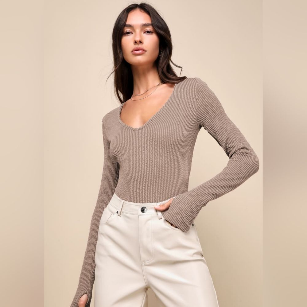 Lulus Signature Stunner Taupe Textured‎ Ribbed Knit Long Sleeve Top Size S Nwt